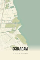 Retro Dutch city map of Schardam located in Noord-Holland. Vintage street map.