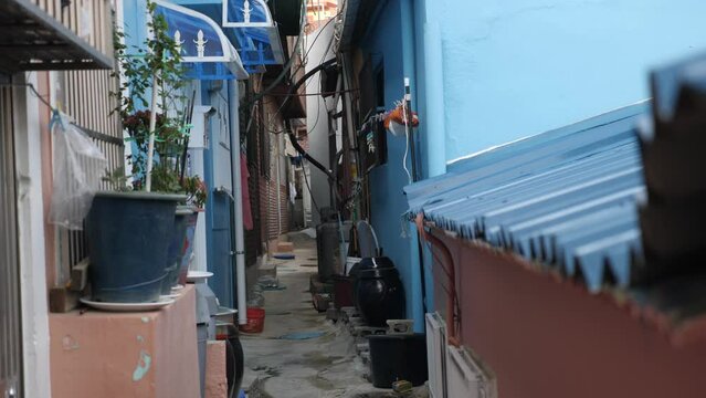 Narrow streets of Gamcheon cultural village in Busan, South Korea. Brightly painted houses. High quality 4k footage