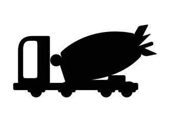 Silhouette of a machine used in construction to mix mortar. Concrete mixer icon, side view. Transportation of cement mortar by special transport. Cartoon graphics.