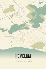 Retro Dutch city map of Hemelum located in Fryslan. Vintage street map.
