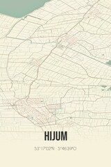 Retro Dutch city map of Hijum located in Fryslan. Vintage street map.