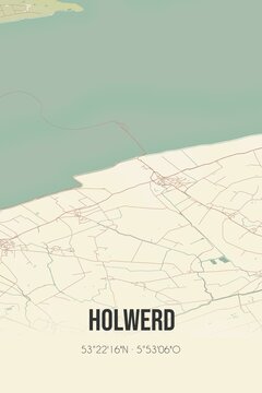 Retro Dutch city map of Holwerd located in Fryslan. Vintage street map.