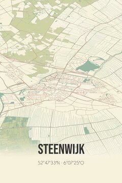 Retro Dutch city map of Steenwijk located in Overijssel. Vintage street map.