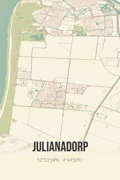 Retro Dutch city map of Julianadorp located in Noord-Holland. Vintage street map.