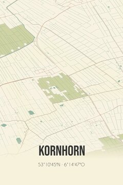 Retro Dutch city map of Kornhorn located in Groningen. Vintage street map.