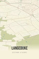 Retro Dutch city map of Langedijke located in Fryslan. Vintage street map.