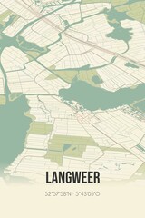 Retro Dutch city map of Langweer located in Fryslan. Vintage street map.