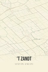 Retro Dutch city map of 't Zandt located in Groningen. Vintage street map.