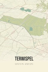 Retro Dutch city map of Terwispel located in Fryslan. Vintage street map.