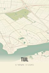 Retro Dutch city map of Tuil located in Gelderland. Vintage street map.