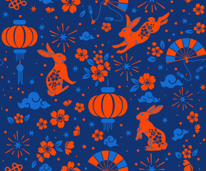 Seamless pattern with Asian elements on color background for happy Chinese new year of the Rabbit 2023, flyers, poster and banner