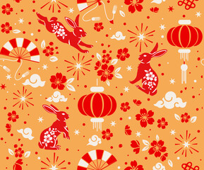 Seamless pattern with Asian elements on color background for happy Chinese new year of the Rabbit 2023, flyers, poster and banner