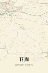 Retro Dutch city map of Tzum located in Fryslan. Vintage street map.