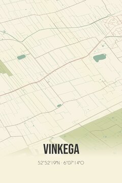Retro Dutch city map of Vinkega located in Fryslan. Vintage street map.