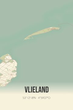 Retro Dutch city map of Vlieland located in Fryslan. Vintage street map.