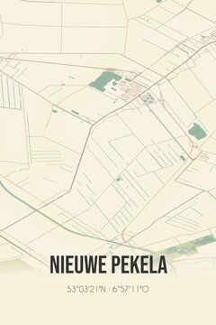 Retro Dutch city map of Nieuwe Pekela located in Groningen. Vintage street map.