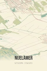 Retro Dutch city map of Nijelamer located in Fryslan. Vintage street map.