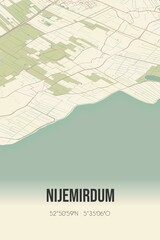 Retro Dutch city map of Nijemirdum located in Fryslan. Vintage street map.