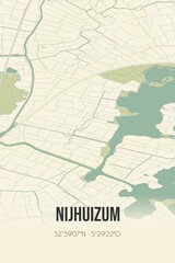 Retro Dutch city map of Nijhuizum located in Fryslan. Vintage street map.