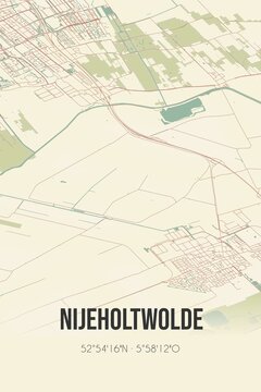 Retro Dutch city map of Nijeholtwolde located in Fryslan. Vintage street map.