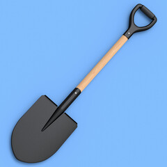 Garden shovel with wooden handle on blue background, summer camping concept