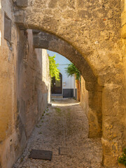 Stone streets of the historic center of the city of Rhodes, Greece, Europe.