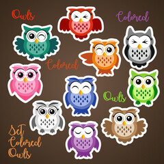 A set of bright colorful cute owls on a dark background, a funny bird face with a winking eye, bright colors. Vector, pattern