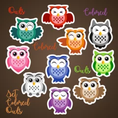 Fotobehang A set of bright colorful cute owls on a dark background, a funny bird face with a winking eye, bright colors. Vector, pattern © Svetlana