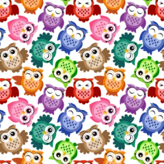 Fotobehang Seamless pattern, bright colorful cute owls on a white background, funny bird face with a winking eye, bright colors. Vector, pattern © Svetlana