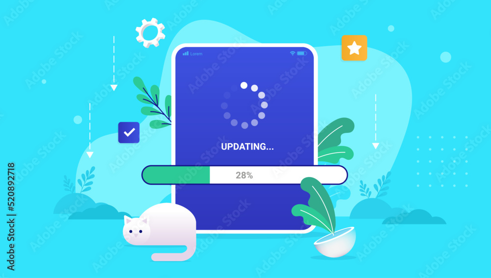 Leinwandbilder Load bar and loading wheel on tablet device while waiting for system and software update. Vector illustration