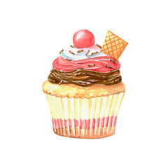 Realistic illustration of a cake with vanilla, chocolate, berry cream and waffle.Hand drawn watercolor sweet food art. Delicious dessert in pink colors on white background.