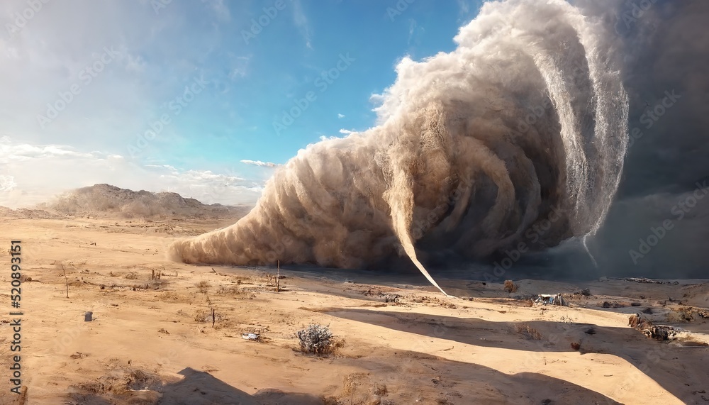 Poster a dramatic colorful storm creating a powerful tornado sweeping through the empty desert. stormy sky 