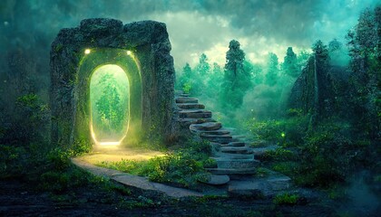 Colorful green portal with glowing entrance with green plasma, portal made of stone, in the center of dense magical forest, green smoke, fog creeping along the ground, a path to the portal. 3D artwork - obrazy, fototapety, plakaty