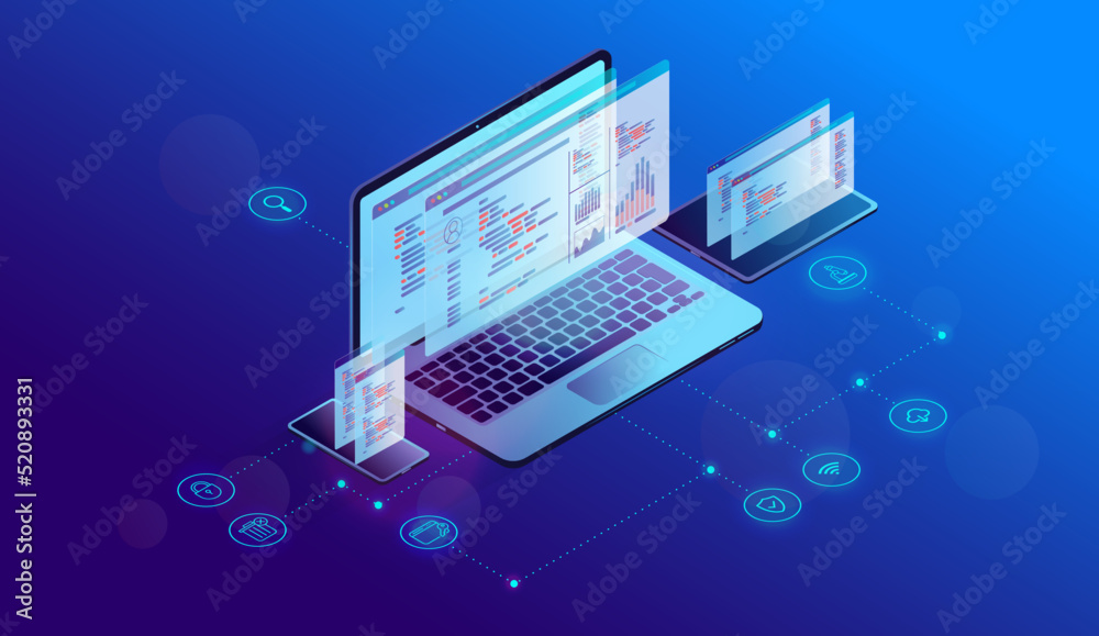 Fototapete Software development - Computer screen in isometric view with programming language and code. Vector illustration with blue background
