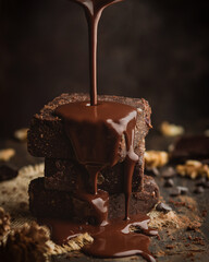 Brownies caseros de chocolate con jarabe de chocolate caliente cayendo