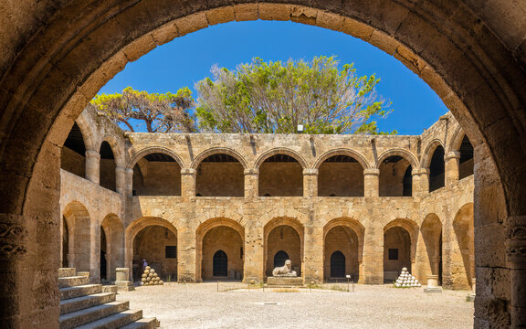 Inner courtyard of the Archaeological Museum of Rhodes town, Greece, Europe.