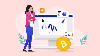 Woman Bitcoin investor - Female person analysing and looking at crypto currency chart. Flat design vector illustration