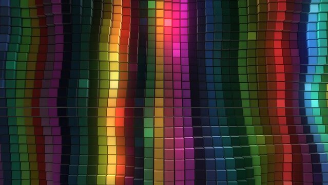 Animated neon rainbow background. Randomly moving cubes, stripes, rectangles. 3d music wave, track. Sound membrane. Mechanical pistons. Screensaver for games, presentations, business, intro. 4k