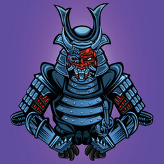 Demon wearing a samurai helmet mascot logo