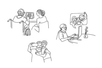 Hand drawn illustrations of elderly people connecting through technical devices like tablets, smart phone and laptops - 520895163
