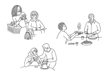 Hand drawn illustrations of family members supporting each other through acts of kindness