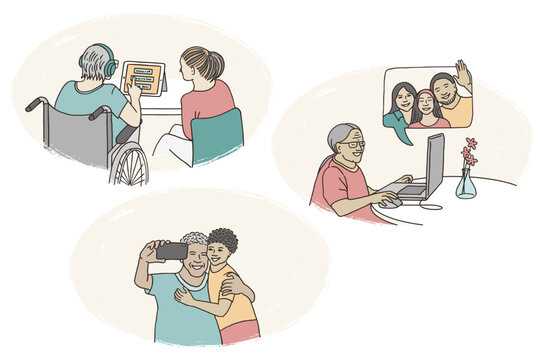 Hand drawn illustrations of elderly people connecting through technical devices like tablets, smart phone and laptops