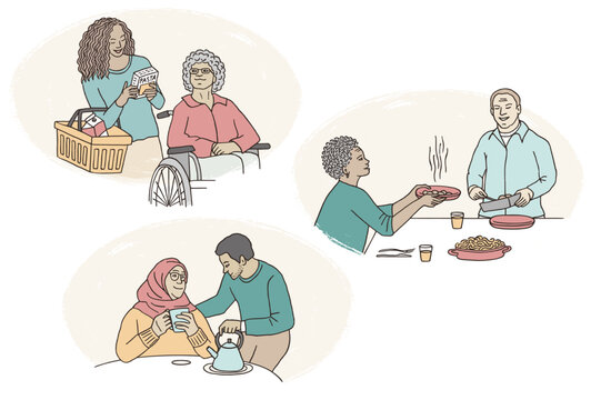 Hand drawn illustrations of family members supporting each other through acts of kindness