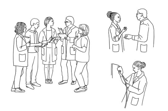 Hand drawn illustration of a group of medical staff talking to each other