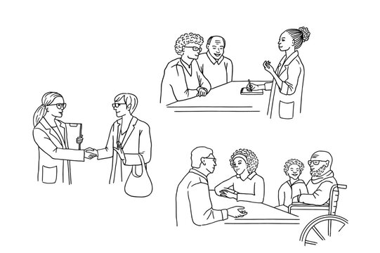 Set of hand drawn illustrations of patients talking to their doctor