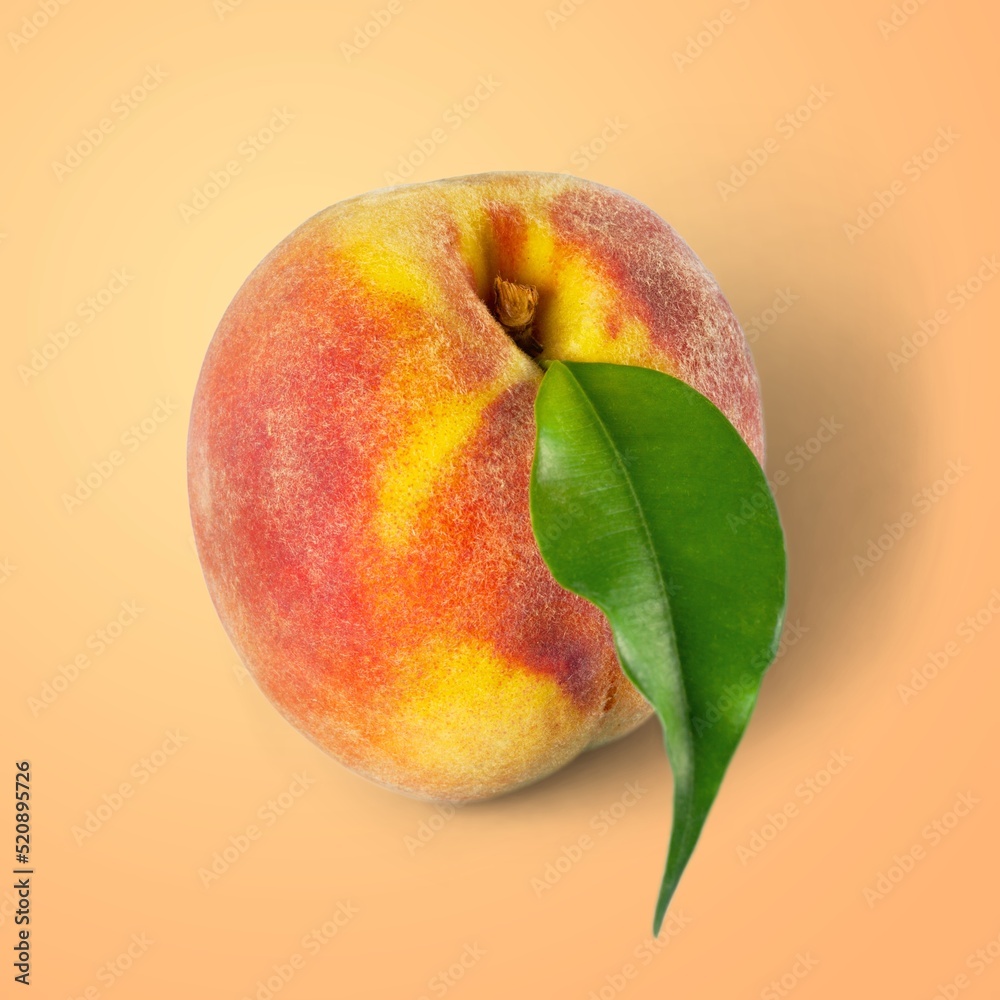 Sticker tasty fresh peach fruit with leaf on the desk