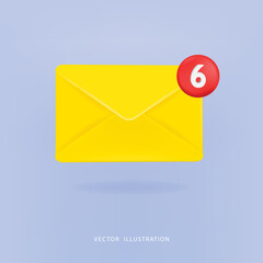 Mail notification with red marker Six Messages. Delivery of messages, sms. Vector illustration in 3d style.