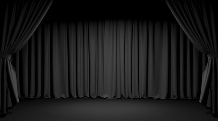 Empty theater stage with black velvet curtains. 3d illustration