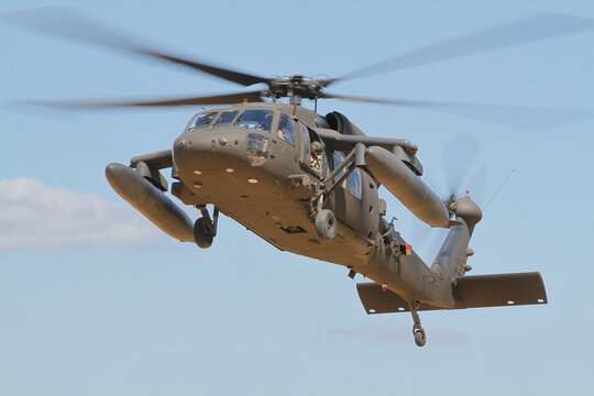 Pabrade/Lithuania June 15, 2016 United States Army Sikorsky UH-60 Blackhawk transport helicopters taking off.