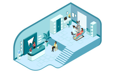 Childbirth, Maternity Home, Pregnant Examination Concept. Modern Hospital Reception With Woman Recepceonist, Gabinet With Doctor Examines Patient Using Ultrasound. Isometric 3d Vector Illustration